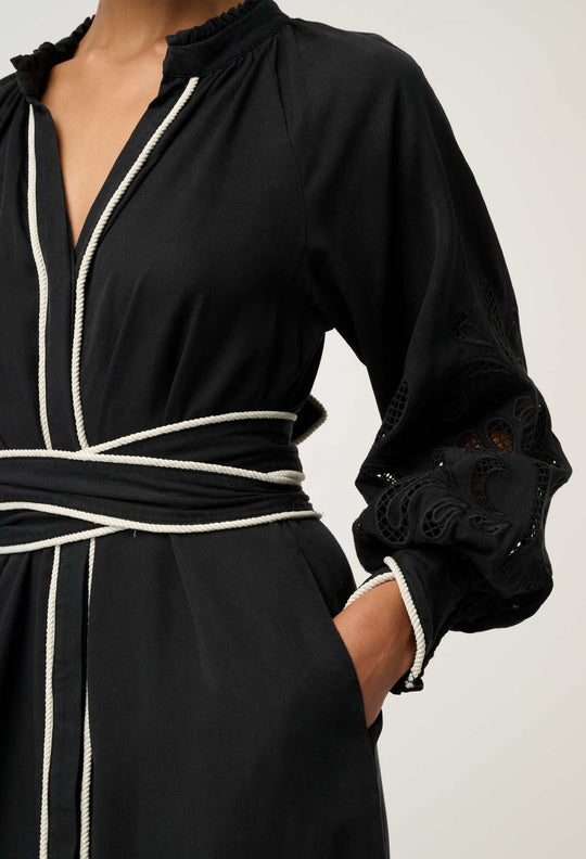 OnceWas Rhea Embroidered Tencel Maxi Dress in Black