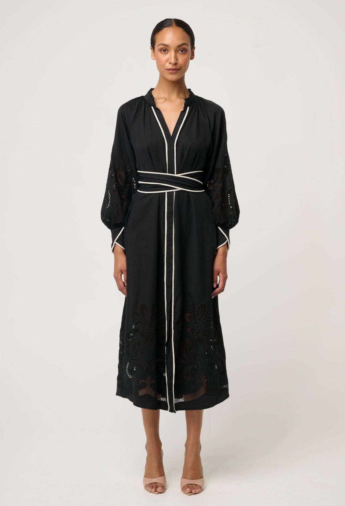OnceWas Rhea Embroidered Tencel Maxi Dress in Black