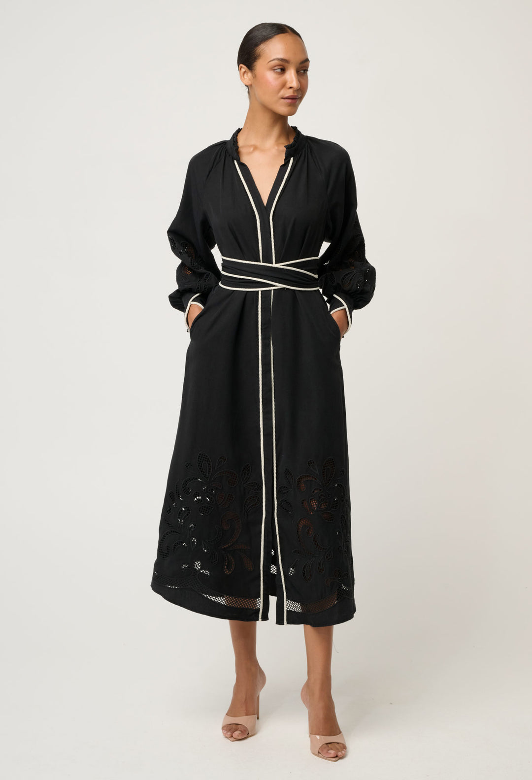 OnceWas Rhea Embroidered Tencel Maxi Dress in Black