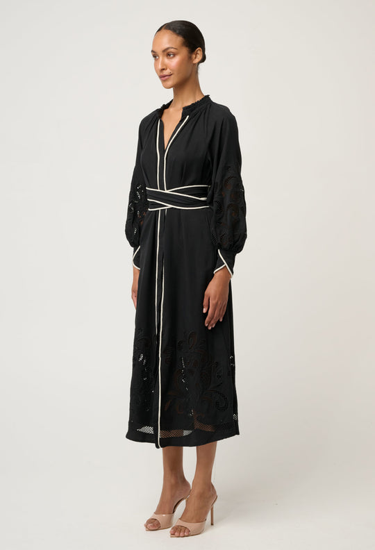 OnceWas Rhea Embroidered Tencel Maxi Dress in Black
