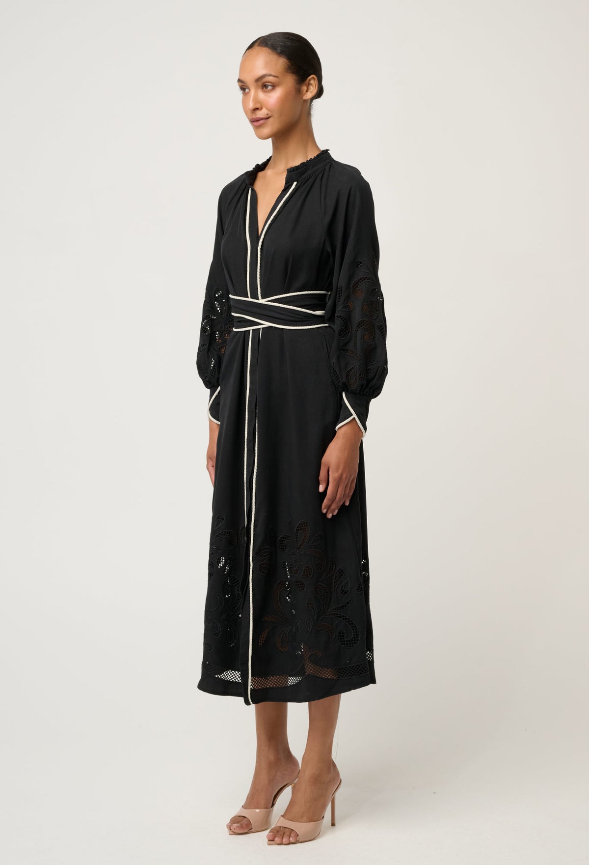 OnceWas Rhea Embroidered Tencel Maxi Dress in Black