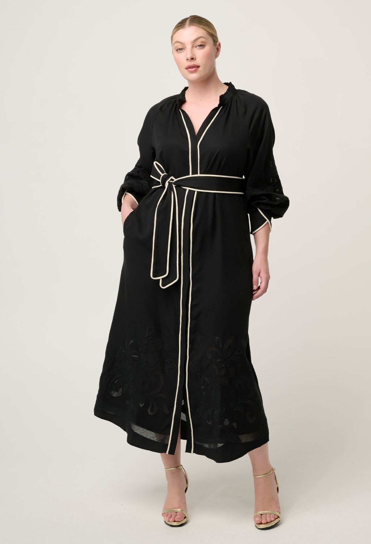 OnceWas Rhea Embroidered Tencel Maxi Dress in Black