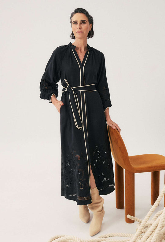 OnceWas Rhea Embroidered Tencel Maxi Dress in Black