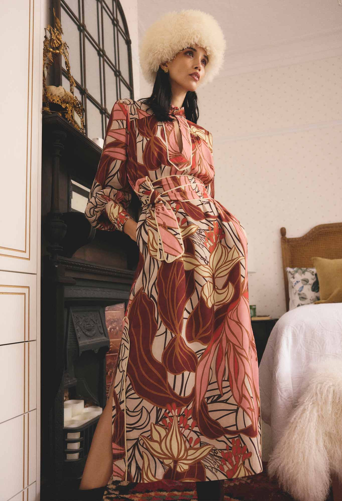 OnceWas Edith Viscose Blend Printed Column Midi Dress in Cathedral Botanic