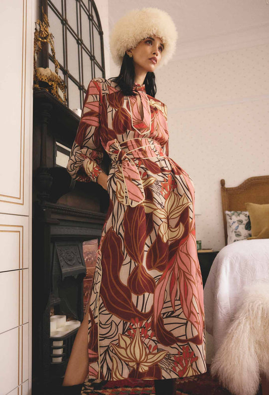 OnceWas Edith Viscose Blend Printed Column Midi Dress in Cathedral Botanic