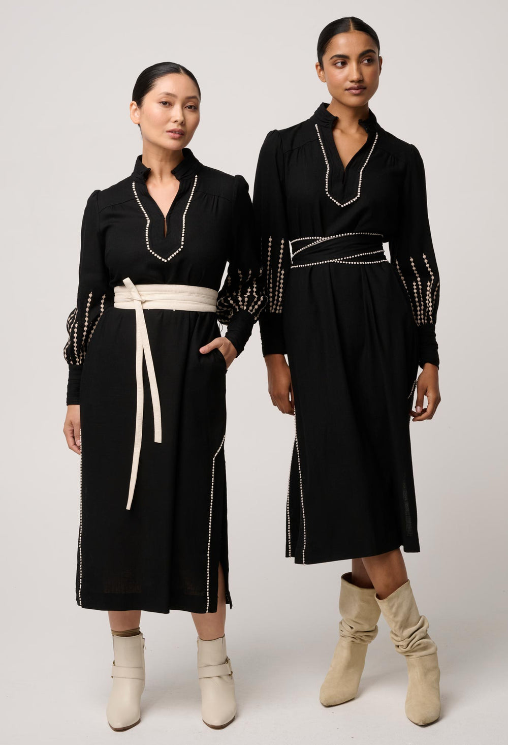 OWP Edith Linen Viscose Embroidered Column Midi Dress in Black