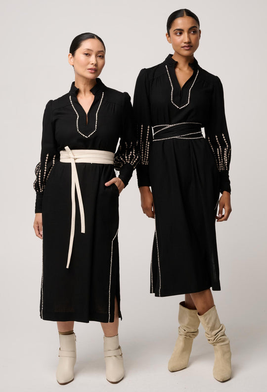 OWP Edith Linen Viscose Embroidered Column Midi Dress in Black