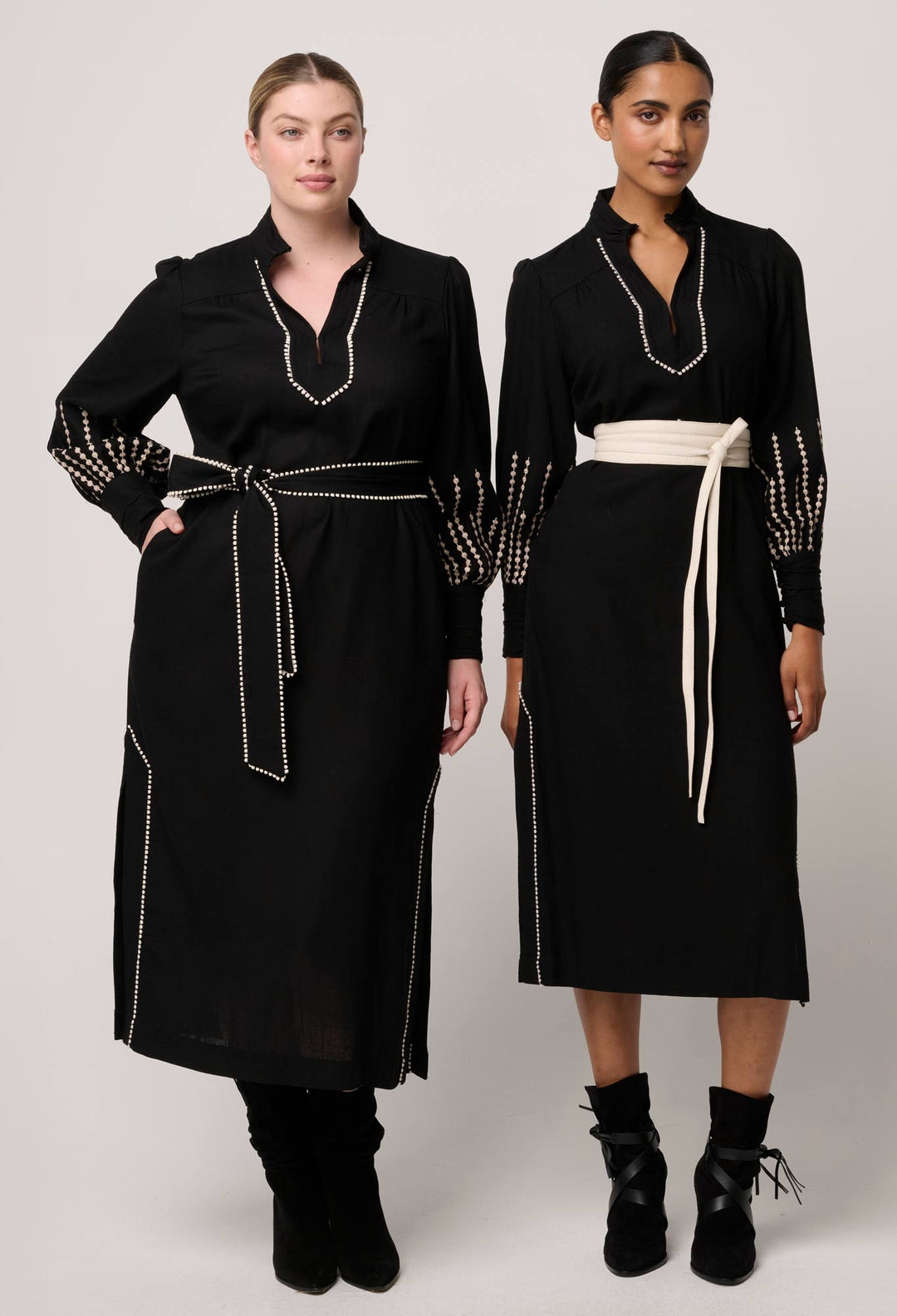 OnceWas Edith Linen Viscose Embroidered Midi Dress in Black