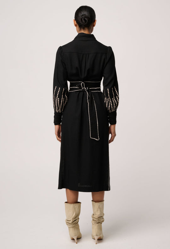 OnceWas Edith Linen Viscose Embroidered Midi Dress in Black