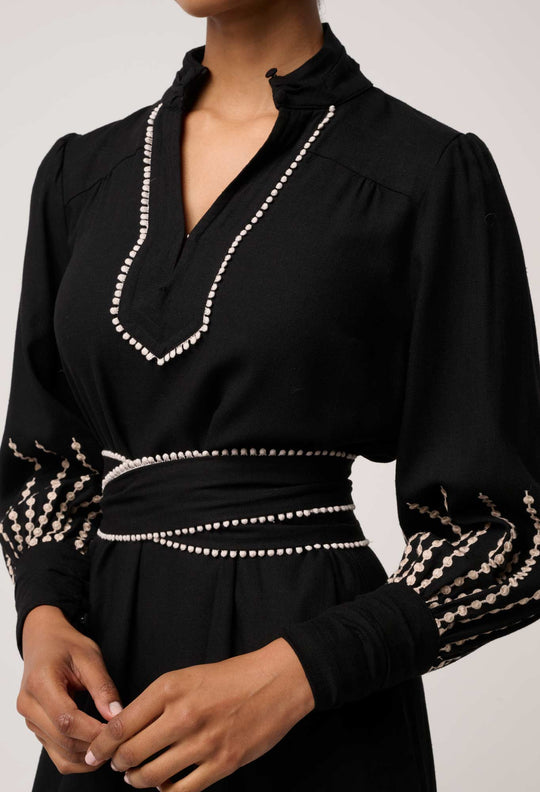 OWP Edith Linen Viscose Embroidered Column Midi Dress in Black