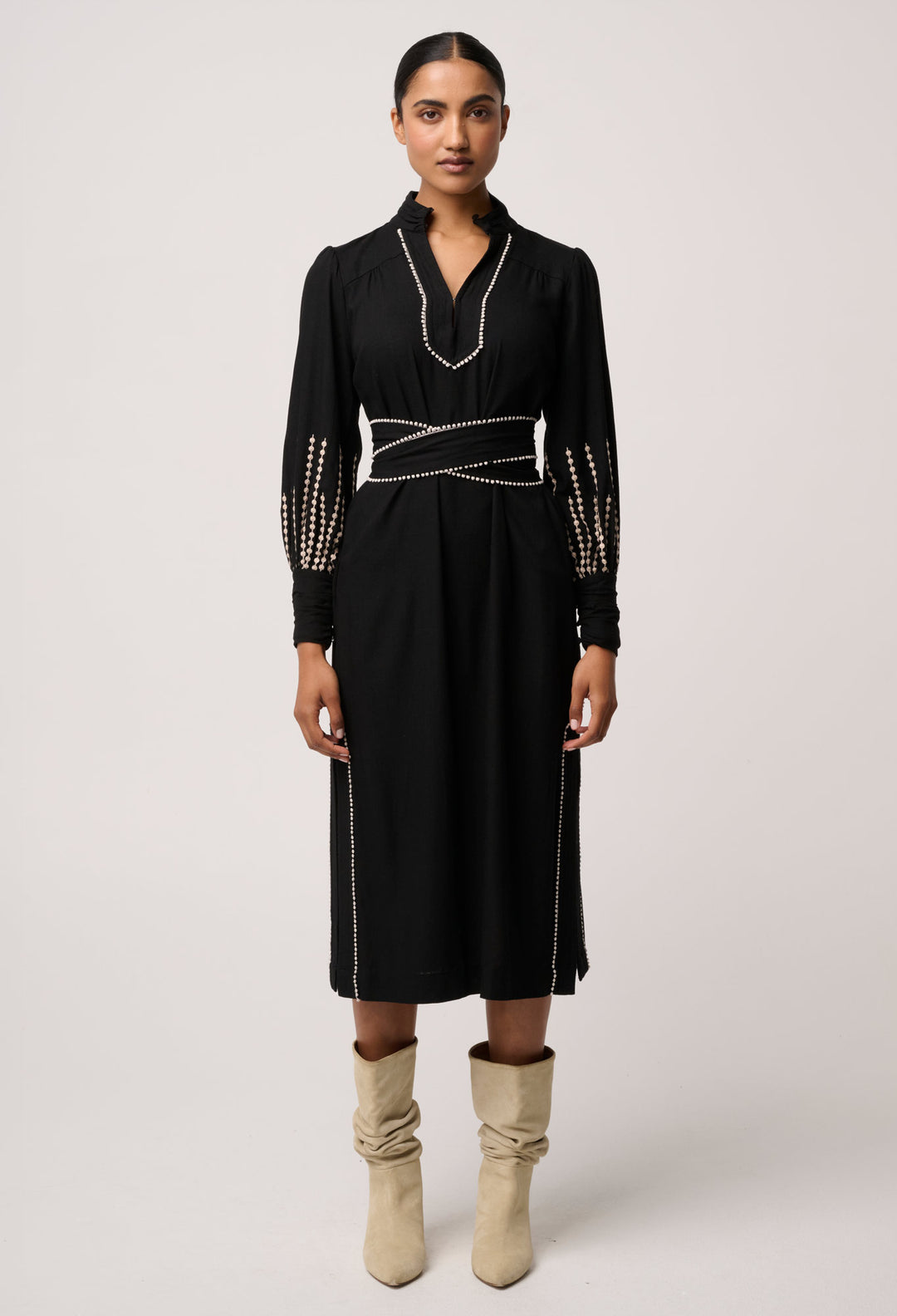 OnceWas Edith Linen Viscose Embroidered Midi Dress in Black