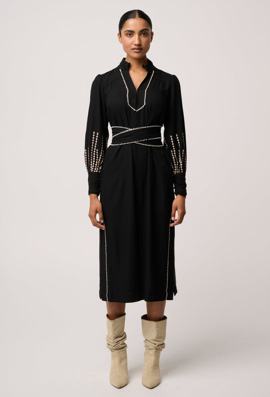 OnceWas Edith Linen Viscose Embroidered Midi Dress in Black