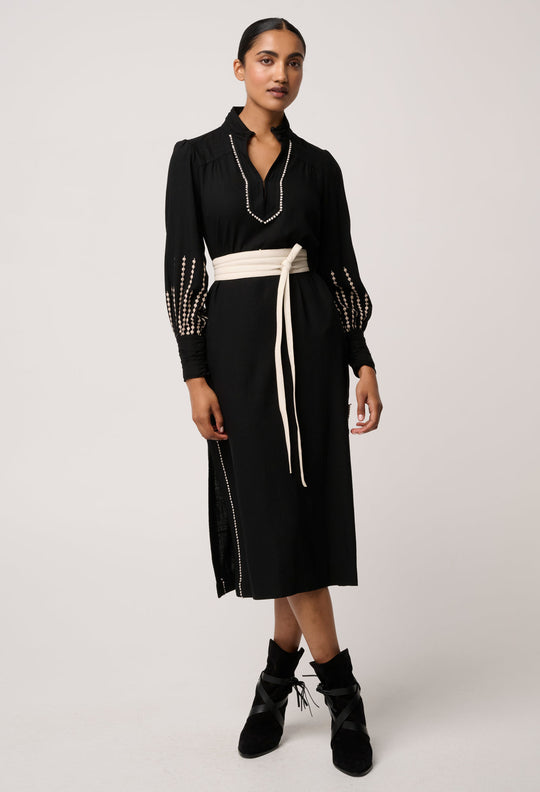 OnceWas Edith Linen Viscose Embroidered Midi Dress in Black