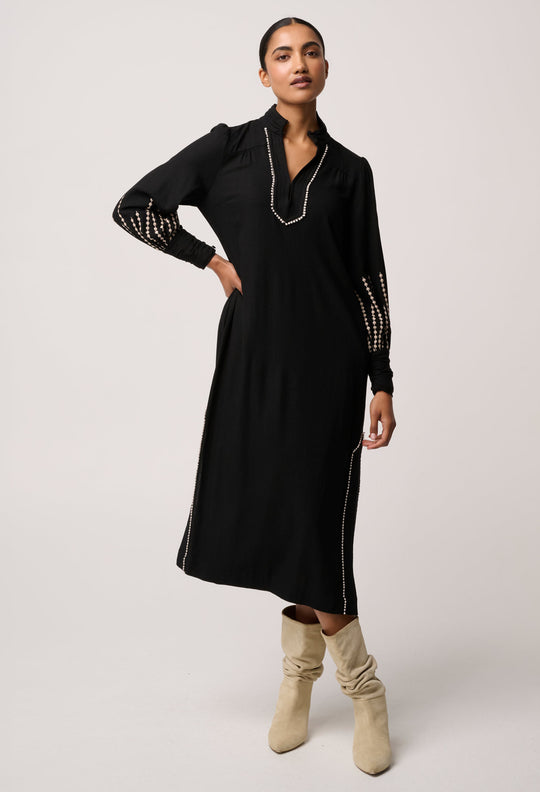 OnceWas Edith Linen Viscose Embroidered Midi Dress in Black
