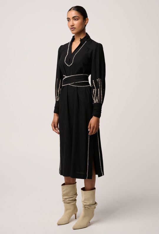 OnceWas Edith Linen Viscose Embroidered Midi Dress in Black