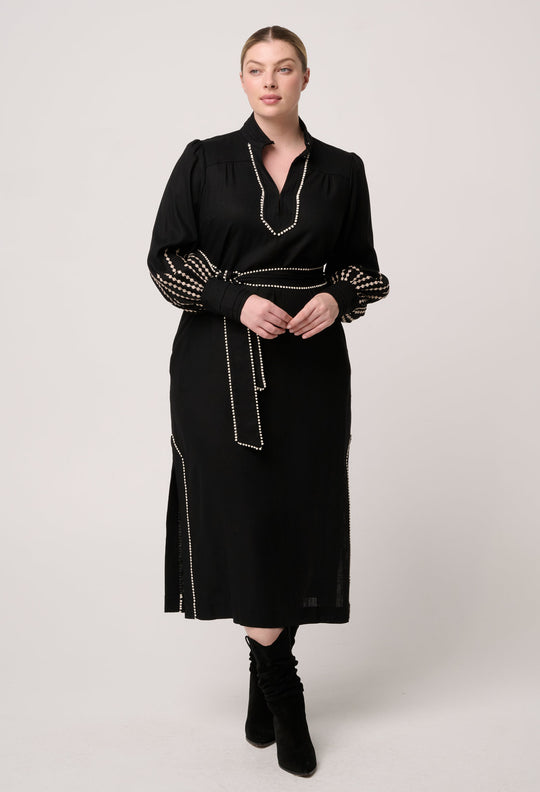 OnceWas Edith Linen Viscose Embroidered Midi Dress in Black