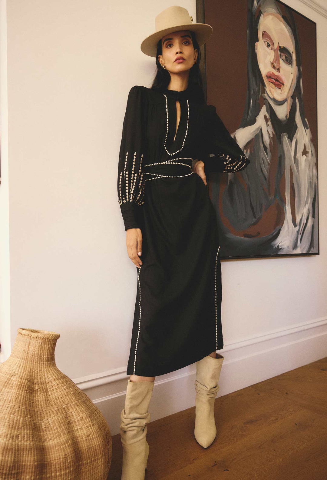OnceWas Edith Linen Viscose Embroidered Midi Dress in Black