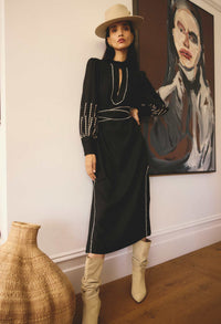 Edith Linen Viscose Embroidered Midi Dress in Black