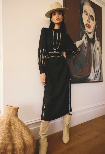 Edith Linen Viscose Embroidered Midi Dress in Black
