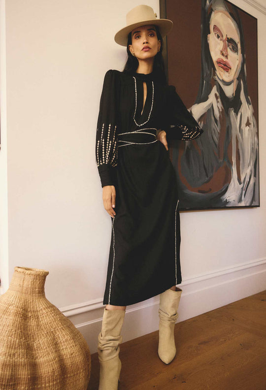 OnceWas Edith Linen Viscose Embroidered Midi Dress in Black