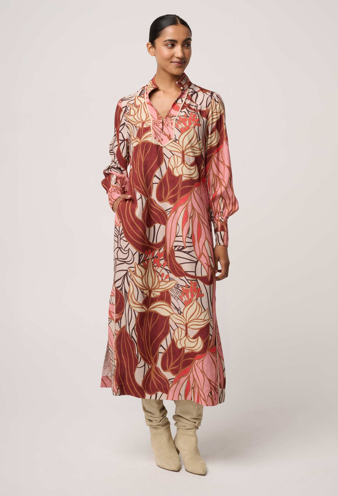 OnceWas Edith Viscose Blend Printed Column Midi Dress in Cathedral Botanic