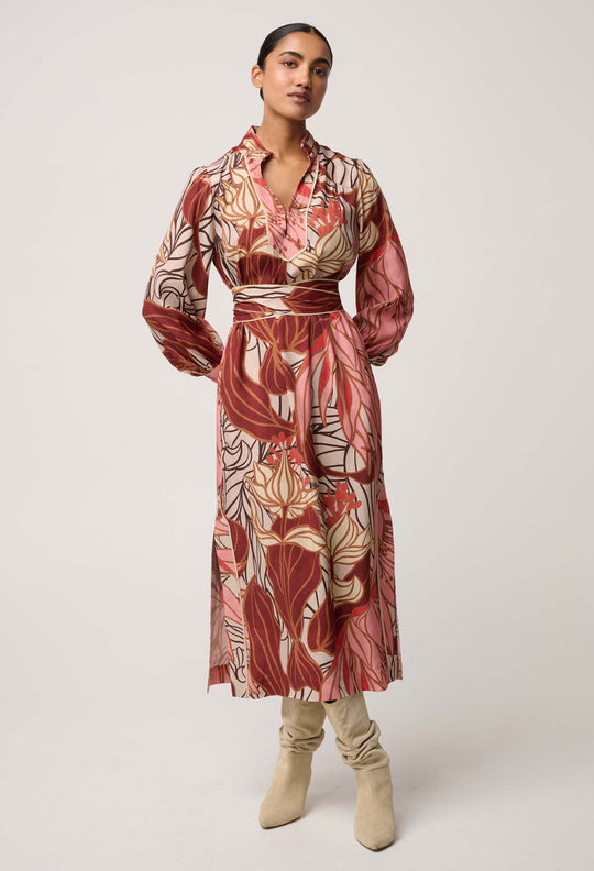 OnceWas Edith Viscose Blend Printed Column Midi Dress in Cathedral Botanic