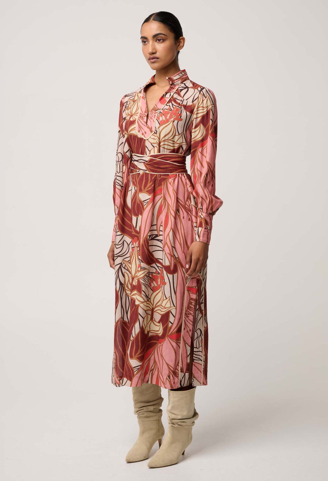 OnceWas Edith Viscose Blend Printed Column Midi Dress in Cathedral Botanic