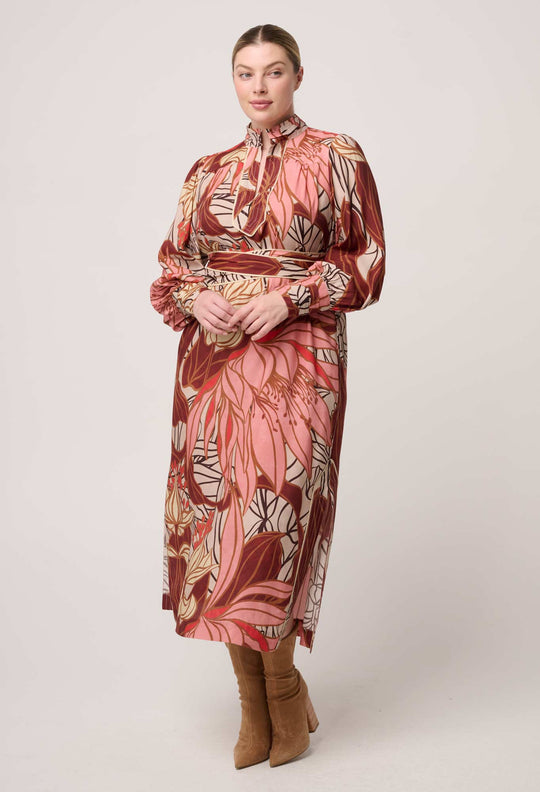 OnceWas Edith Viscose Blend Printed Column Midi Dress in Cathedral Botanic