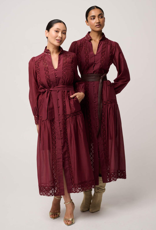 UNDER 5'4 Cascadian Cotton Silk Lace Maxi Dress in Bordeaux