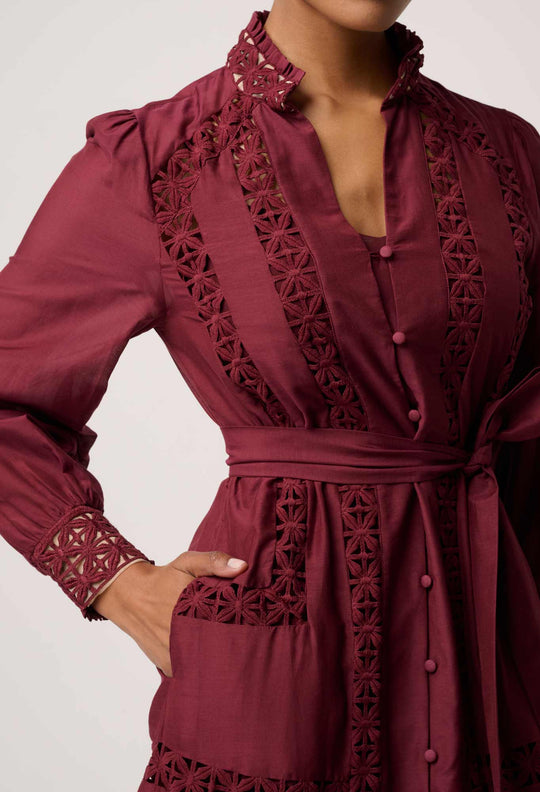 UNDER 5'4 Cascadian Cotton Silk Lace Maxi Dress in Bordeaux