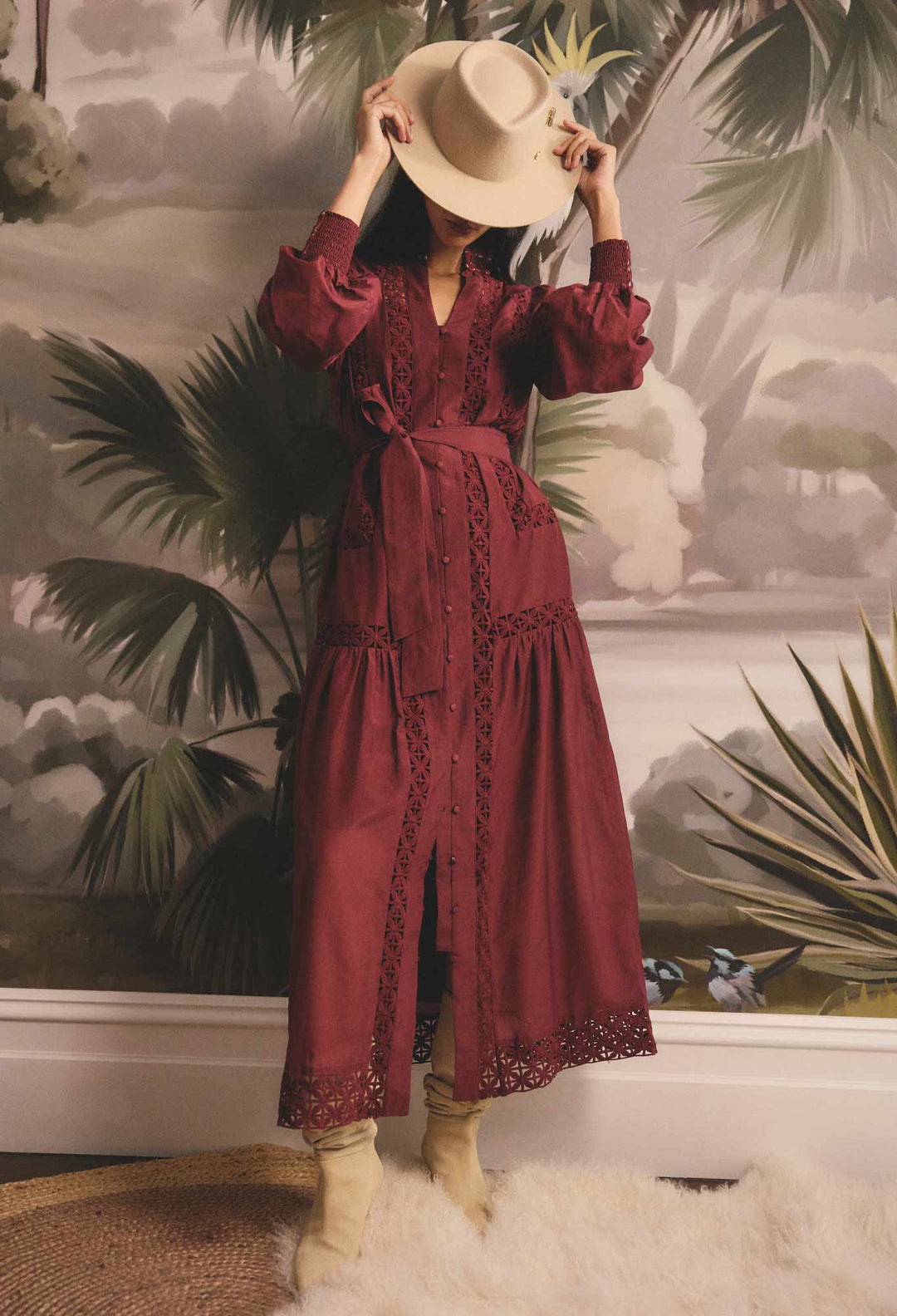 OnceWas Cascadian Cotton Silk Maxi Dress in Bordeaux