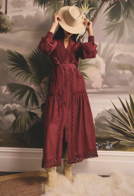 Cascadian Cotton Silk Maxi Dress in Bordeaux