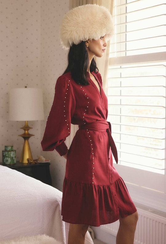 OnceWas Cecilia Pearl Embellished Linen Blend Dress in Ruby