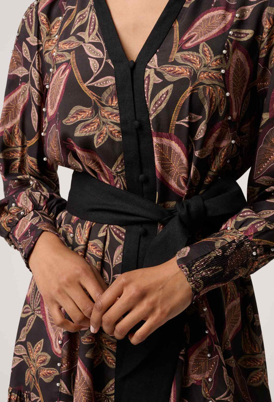 OnceWas Cecilia Pearl Embellished Linen Dress in Dark Tropique