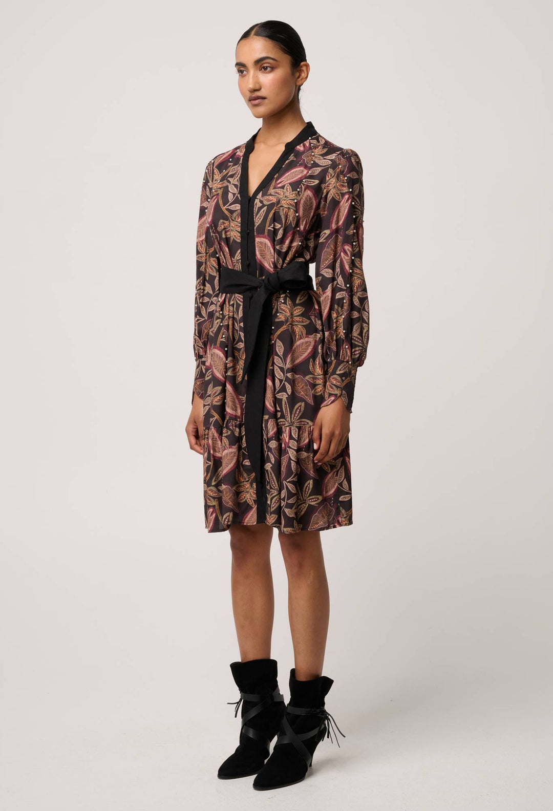 OnceWas Cecilia Pearl Embellished Linen Dress in Dark Tropique