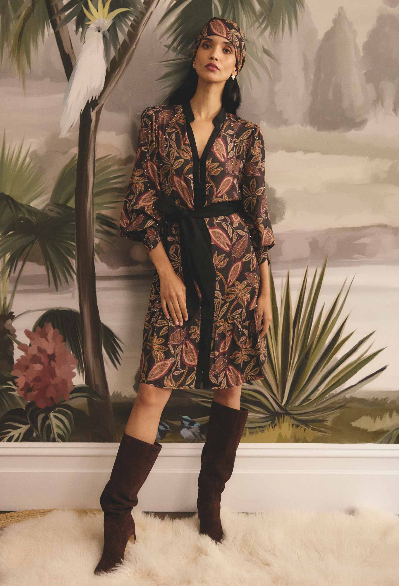 OnceWas Cecilia Pearl Embellished Linen Dress in Dark Tropique