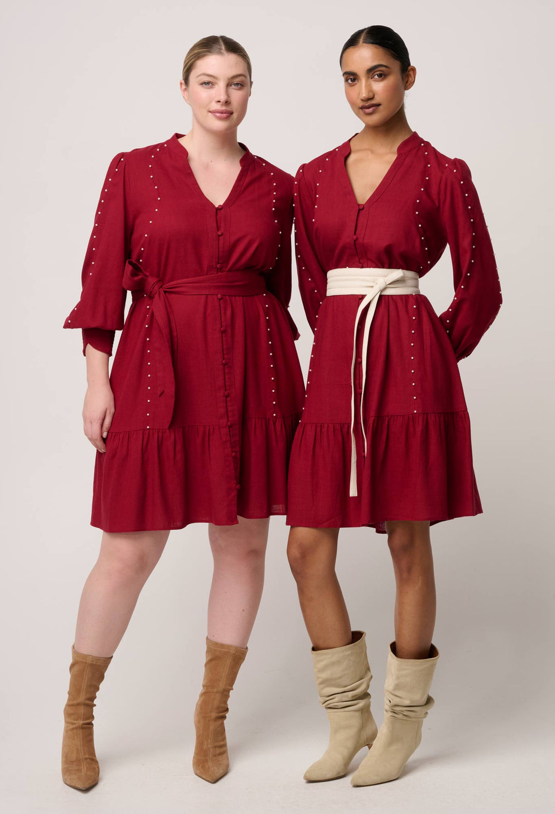 OnceWas Cecilia Pearl Embellished Linen Blend Dress in Ruby