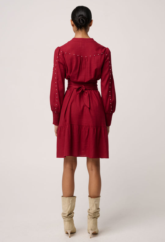 OnceWas Cecilia Pearl Embellished Linen Blend Dress in Ruby