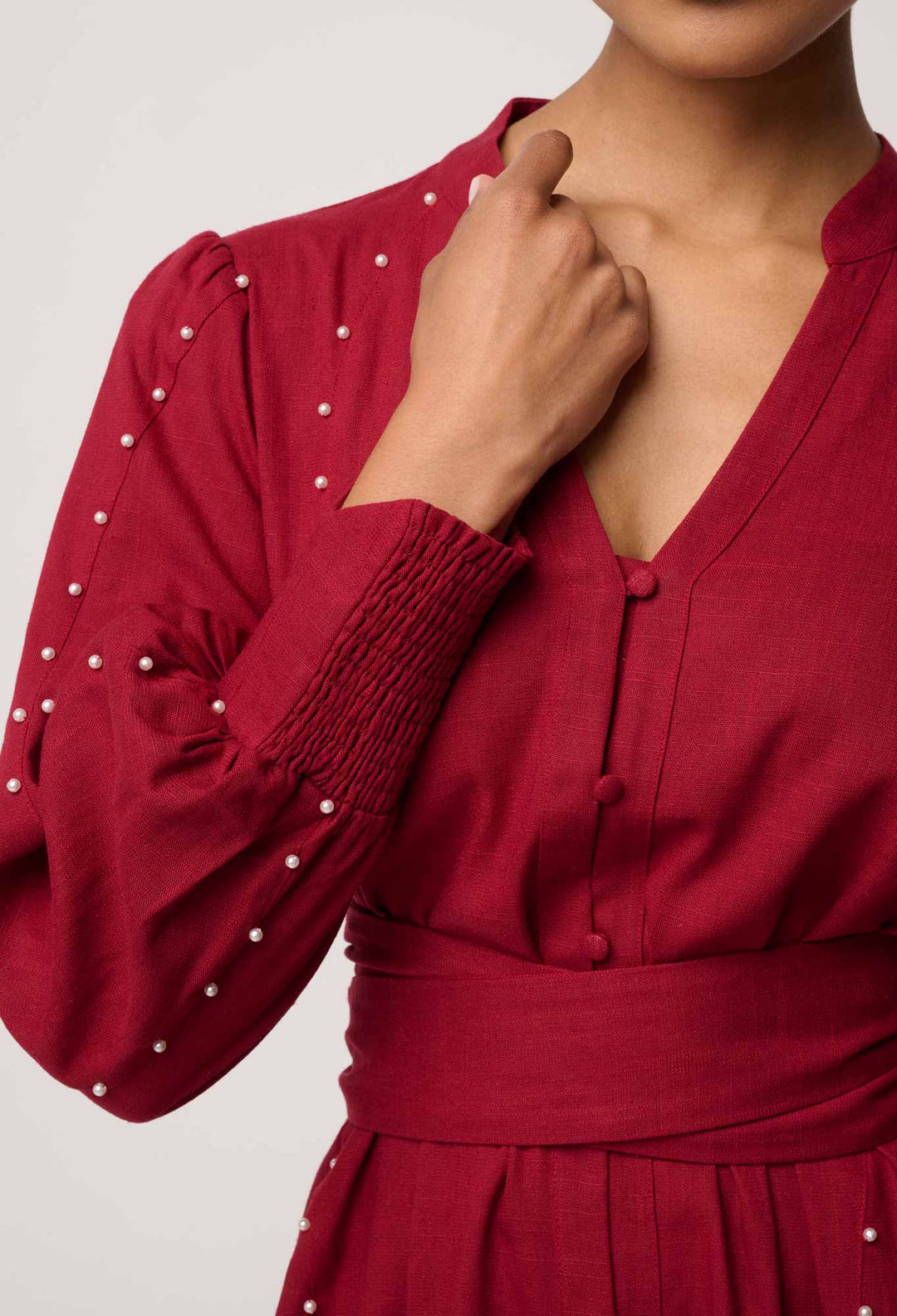 OnceWas Cecilia Pearl Embellished Linen Blend Dress in Ruby