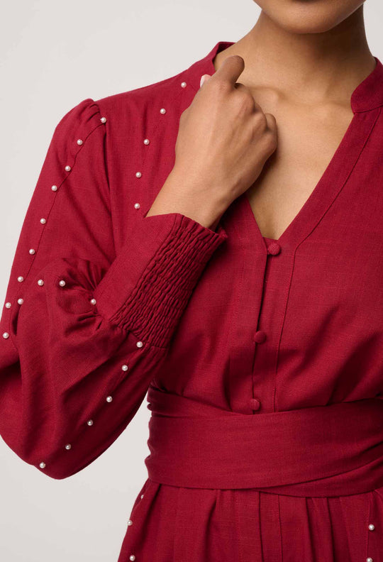 OnceWas Cecilia Pearl Embellished Linen Blend Dress in Ruby