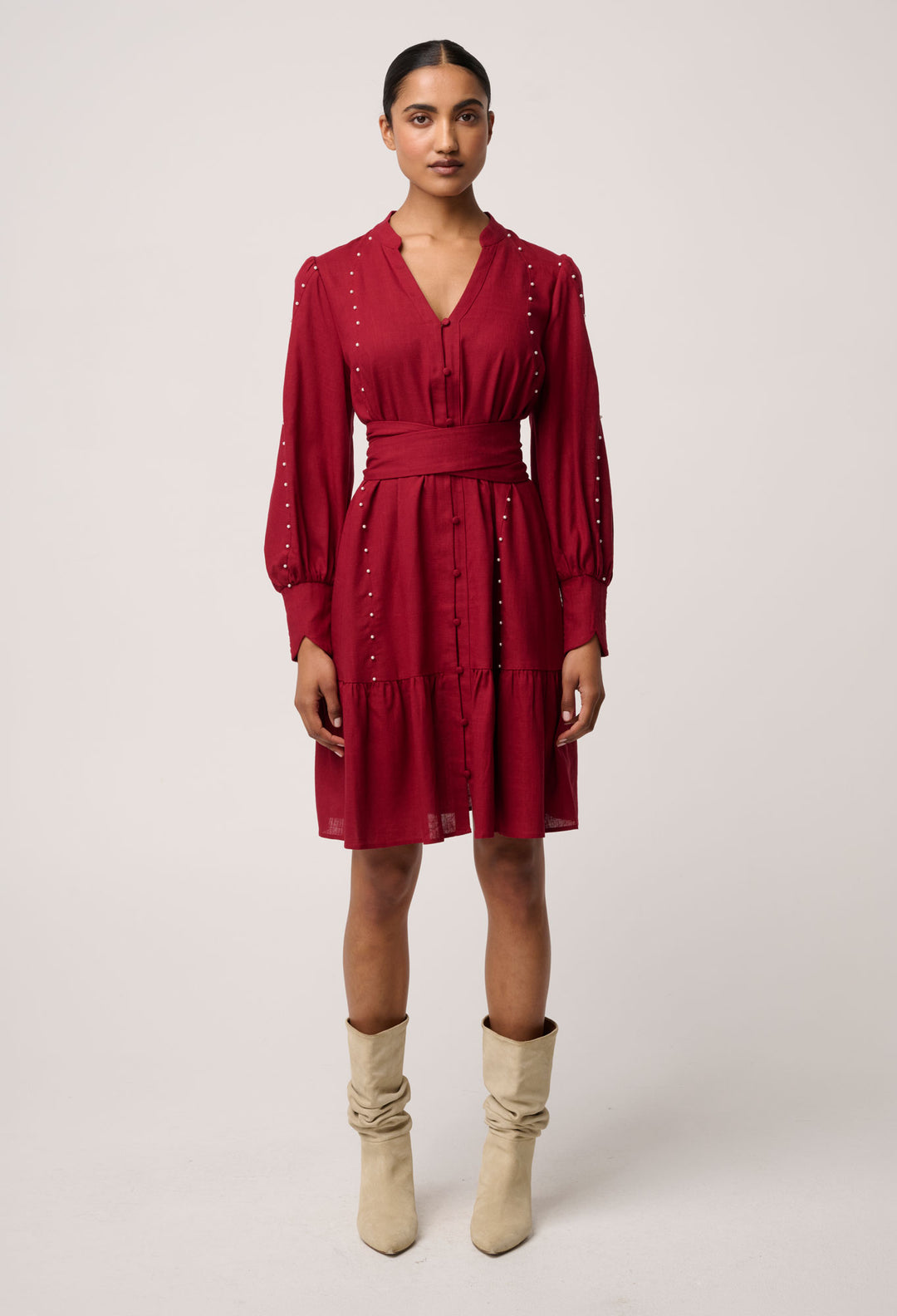 OnceWas Cecilia Pearl Embellished Linen Blend Dress in Ruby