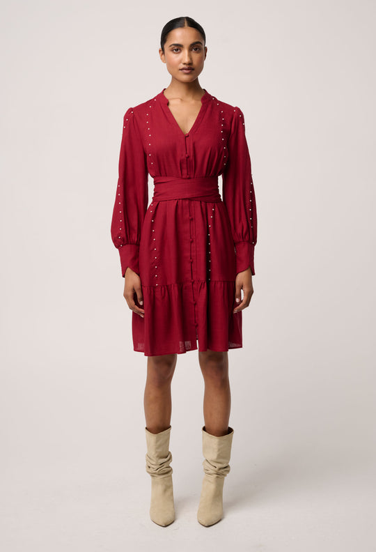 OnceWas Cecilia Pearl Embellished Linen Blend Dress in Ruby