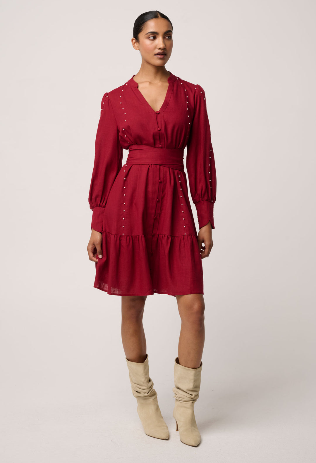 OnceWas Cecilia Pearl Embellished Linen Blend Dress in Ruby