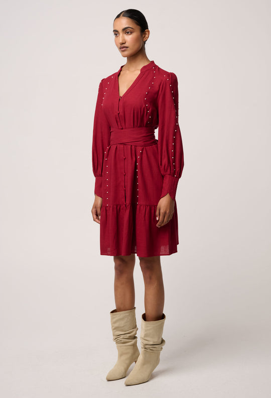 OnceWas Cecilia Pearl Embellished Linen Blend Dress in Ruby