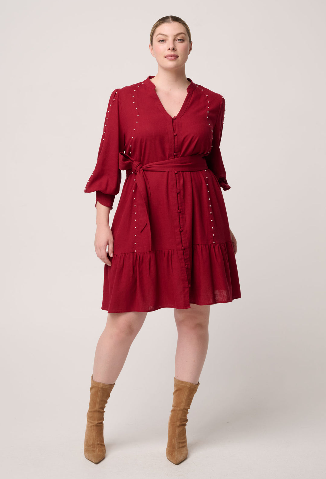 OnceWas Cecilia Pearl Embellished Linen Blend Dress in Ruby