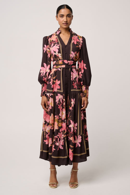 Adine Linen Viscose Printed Maxi Dress in Obsidian Bloom
