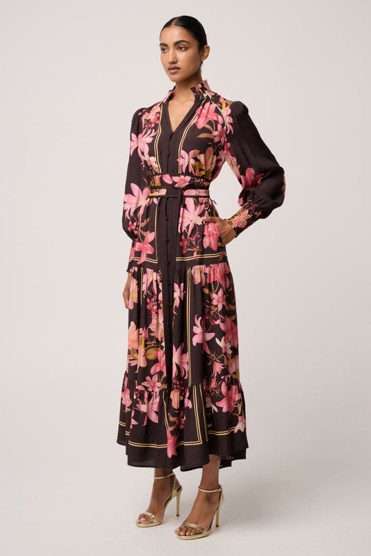 Adine Linen Viscose Printed Maxi Dress in Obsidian Bloom
