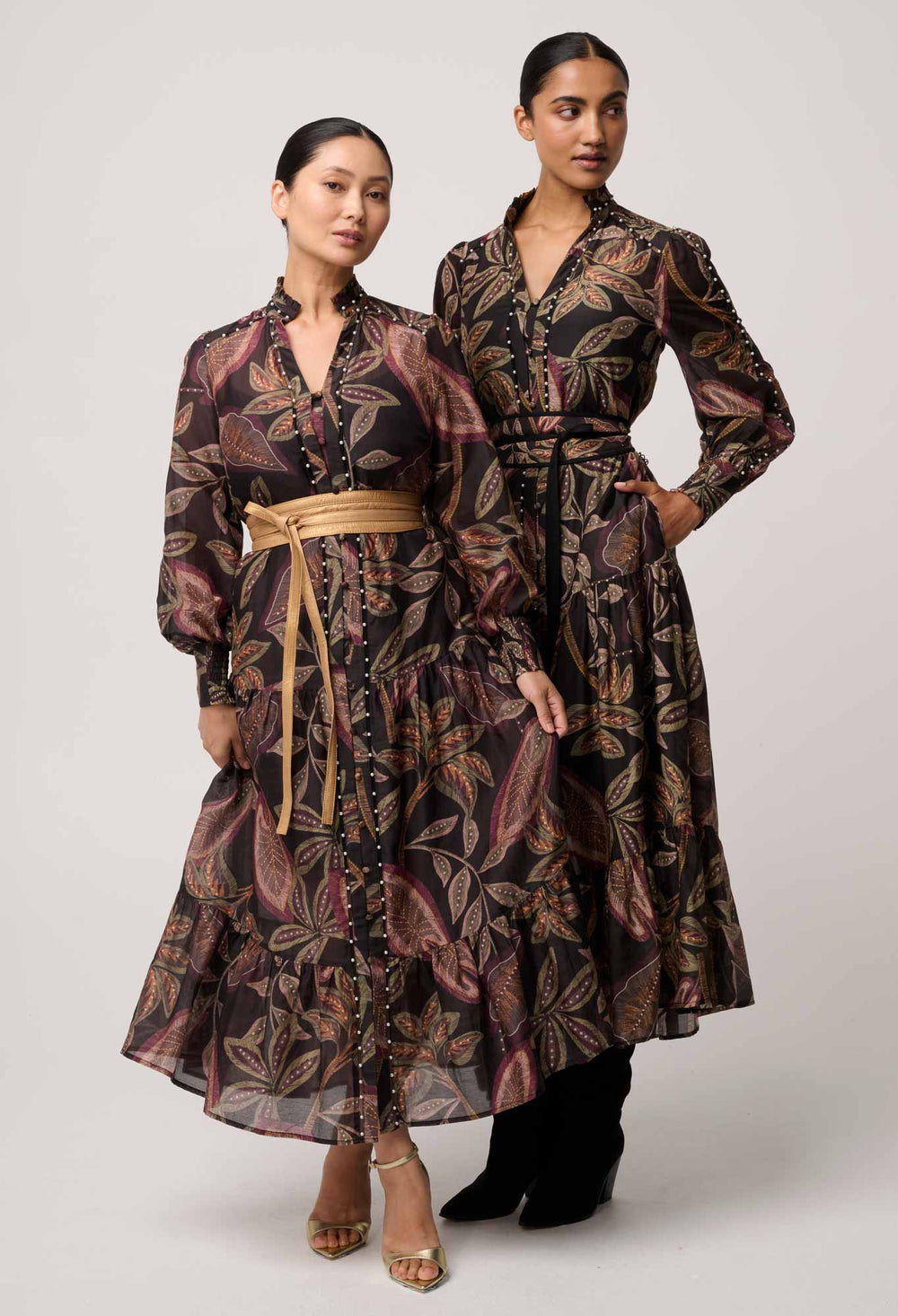 UNDER 5'4 Wanderlust Pearl Embellished Cotton Silk Maxi Dress in Dark Tropique