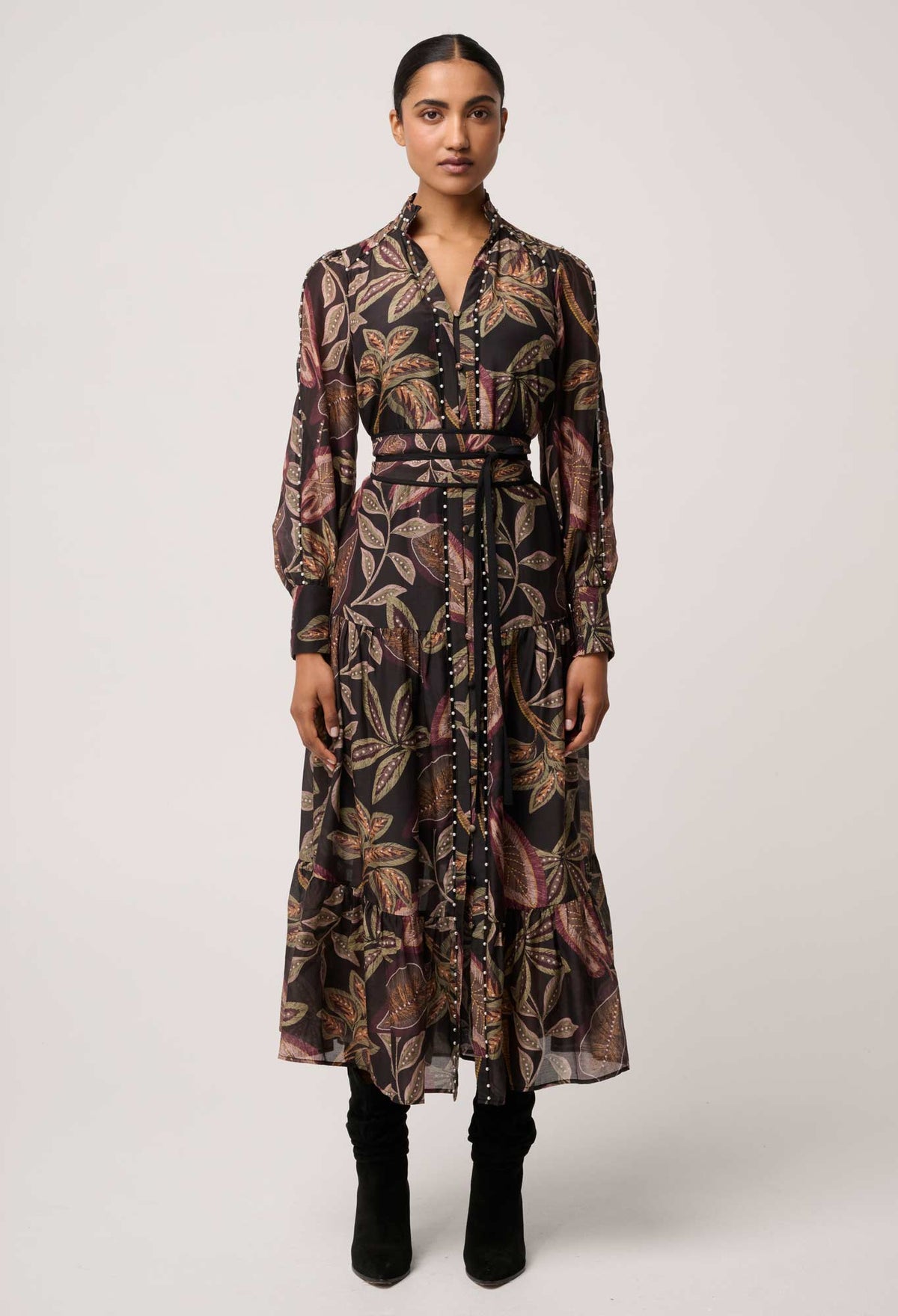 OnceWas Wanderlust Pearl Embellished Maxi Dress in Dark Tropique