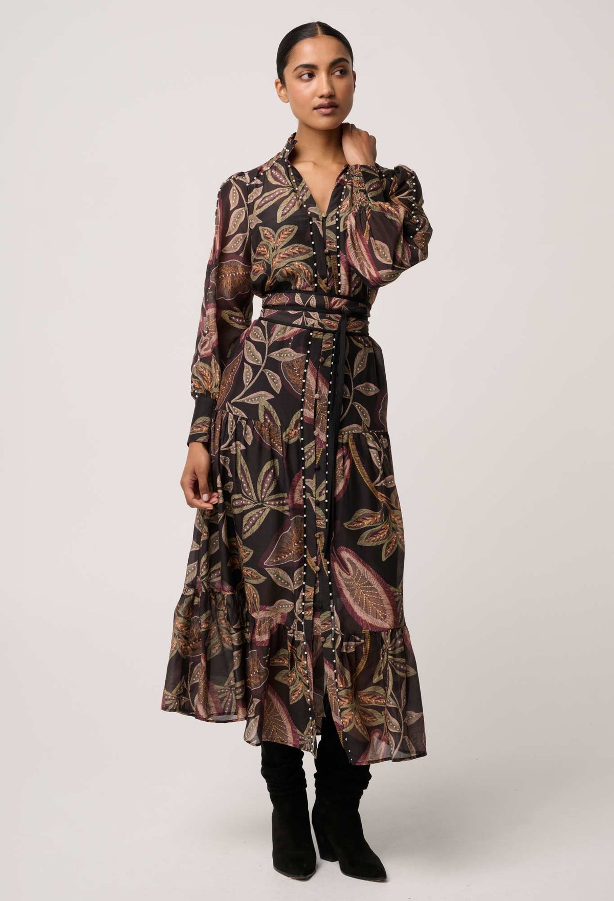 OnceWas Wanderlust Pearl Embellished Maxi Dress in Dark Tropique